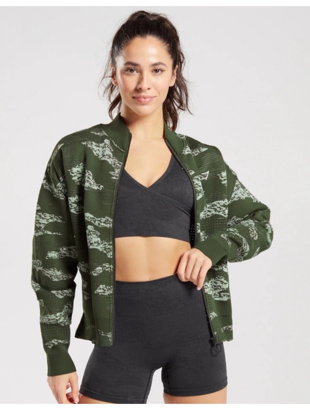 Gymshark Adapt Camo Seamless Track Jacket in Moss Olive/Aloe Green Large